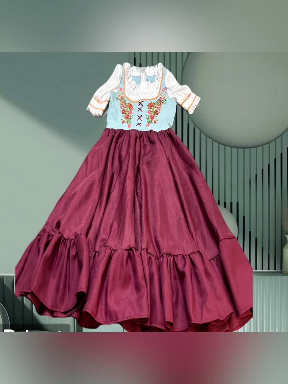 Girls' Floral Embroidered Peasant Costume Dress in Burgundy & Light Blue M